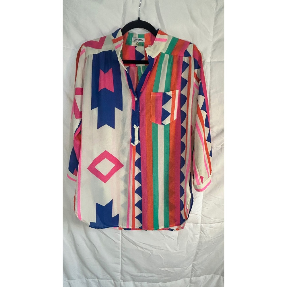 XTAREN Women's Geometric Print‎ Button Up Shirt Tunic Size M